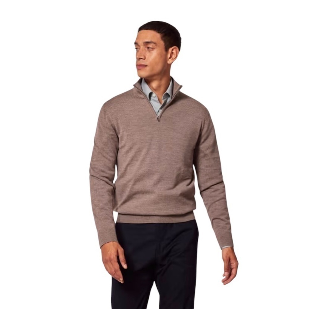 Zara Quarter Zip Sweater Mens L Tan Good Fine Wool Slim Fit Mock Neck Pullover